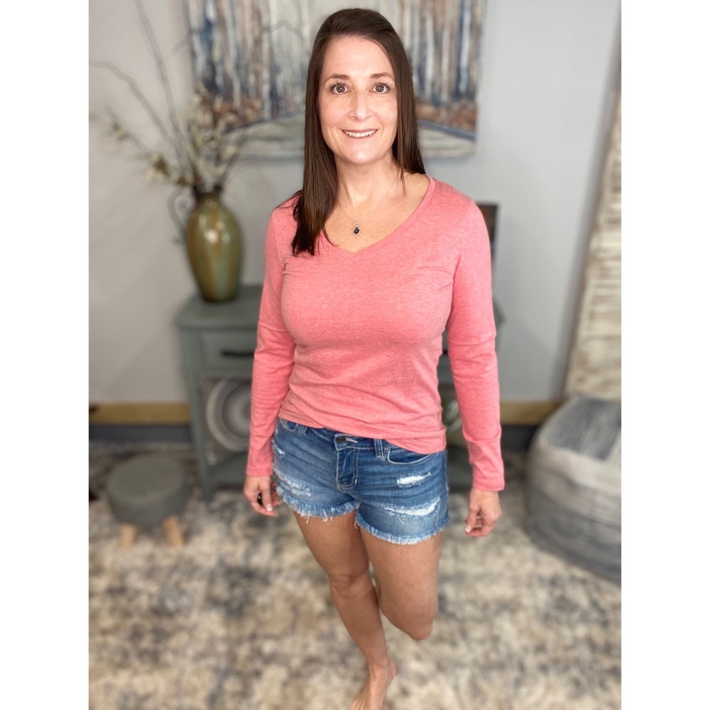 β€οΈβπ₯V-Neck Long Sleeve Basic Slimming Top Marbled Red 1222 - Picture 9 of 12